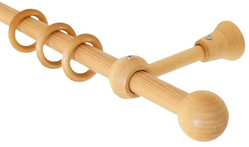 iso-design Holz Gardinenstange Farbe Eiche hell 20 mm Durchmesser Wandmontage und Deckenmontage möglich Gardinenstange mit Gardinenringen, Endstück Kugel, 160 cm