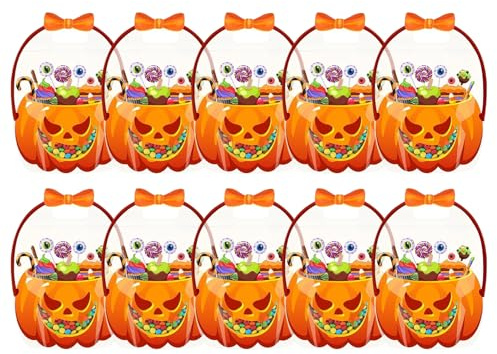 Bolsitas De Detalles Para Fiesta De Halloween | 10 Unidades Bolsas Transparentes Calabaza Con Asas | Fundas Cubo Para Golosinas Juguetes | Cumpleaños Otoño Truco O Trato