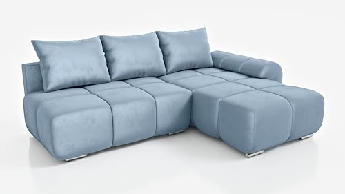 DMSM Wohnlandschaft Ingrid, 270 cm, Ecksofa mit Schlaffunktion, Samtbezug in Blau, Rechts
