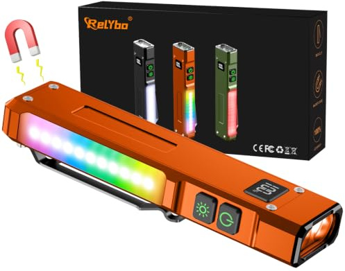 Relybo EDC Linternas LED Alta Potencia 1,000,000 LM, Linterna LED Blanca/UV | Linterna Potente 2 Interruptores & 9 Modos, Luz de Trabajo COB, Clip, Imán N45, Flashlight Para Emergencia Camping-Naranja