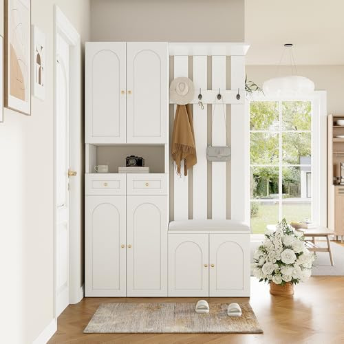 Kebnor Garderobenset, Wandgarderobe; Garderoben Set mit Schuhbank und schuhrank,4 Haken, 6 Türen, 2 Schublade, Weiß Flurmöbel (B110×H180×T37cm)