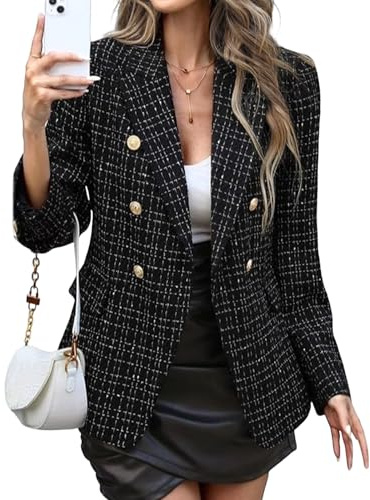 Blazer da Donna in Tweed, Giacca a Maniche Lunghe, Doppiopetto, Cappotto da Lavoro, Blazer Ufficio, Elegante e Casual