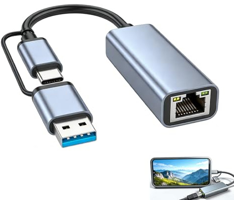 Adaptateur Ethernet USB C, Adaptateur USB RJ45 Ethernet 2 en 1 USB-A et USB-C vers RJ45 Gigabit 1000 Mbps, Boitier Aluminium avec Cable Renforce, Solution Reseau Filaire Stable pour Ordinateur