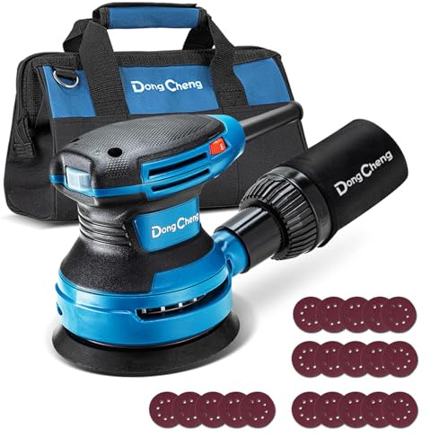 DongCheng Excenterslipmaskin 380 W, med dammbehållare och 20 slipblad, komplett med förvaringsväska