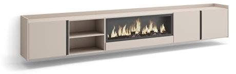Skraut Home | Mueble TV | Muebles de salón, almacenaje | 315x50x35 cm | para televisión hasta 80 | Chimenea eléctrica XXL | Colgado, Suspendido | Estilo Moderno | Beige