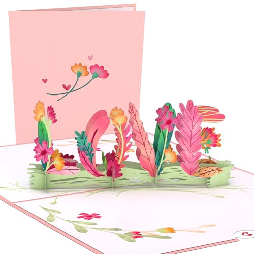 Lovepop® 3D Pop-Up Karte blumige Liebesgrüße Liebeskarte mit Schriftzug aus Blumen Love Flower Card | inkl. Umschlag & Versteckfach für Geld & Gutscheine