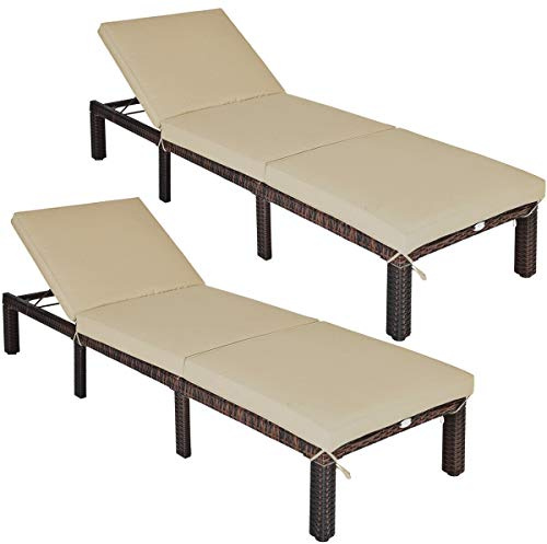 Tangkula Rattan Wicker Chaise Lounge, Outdoor Patio Lounger Recliner w/Adjustable Backrest, Heavy-Duty Reclining Sunbed with Thick Zippered Cushion for Garden Yard Patio (2, Brown)