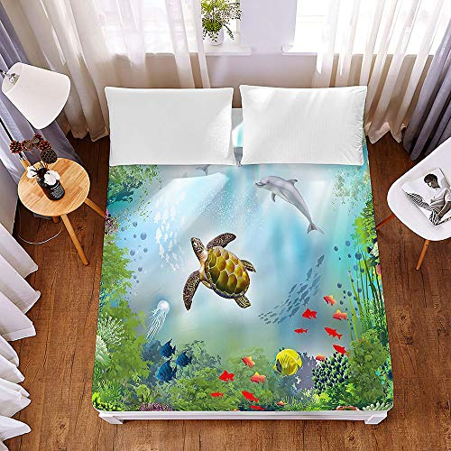 Treer Mikrofaser Spannbetttuch Rutschfestem Bettlaken, Atmungsaktivem in Vielen Größen und Farben Dekoratives und bedrucktes bis 30cm Hohe Matratzen (Turtle Dolphin,90x200x30cm)