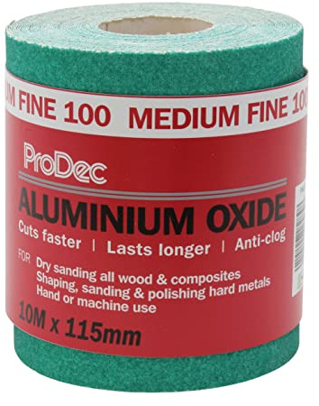 ProDec 10 m Rolle, mittelfeine, grünes Aluminiumoxid-Schleifpapier mit Körnung 100 zum Schleifen von Holz, Farbe, Putz, Spachtelmasse, Metall & mehr; Schleifpapier, kompatibel mit Maschinenschleifern
