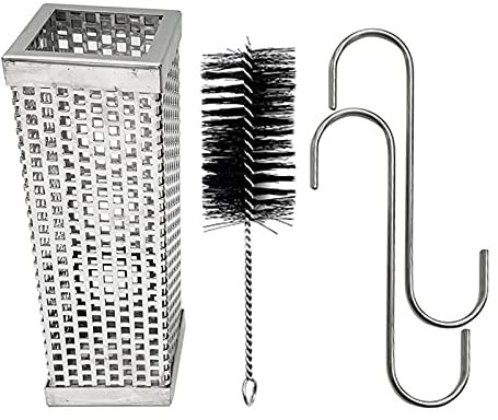 Kaltrauchgenerator Edelstahl Grill Smokerröhre Räucherröhre, Räucherbox Raucherzeuger mit Pinsel und 2 Haken, Röhren Generator zum Kalträuchern und Smoken, 6'' x Ø2 (Quadratischer Typ)