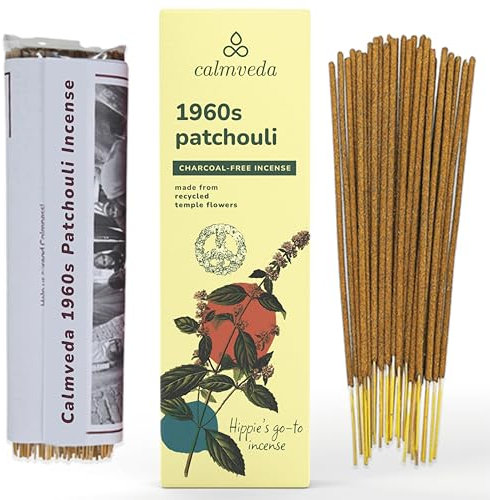 Calmveda Incienso Pachuli 1960's Relajante - (80 Varillas de Incienso) Inciensos Naturales sin Toxicos, Flor Reciclada | Incienso de pachulí auténtico Contiene Aceite Puro de pachulí de Indonesia