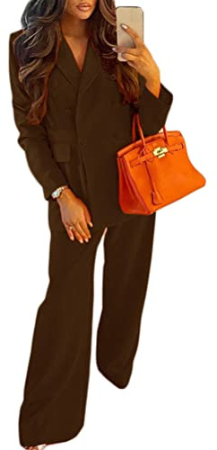 ORANDESIGNE Tailleur Femme Ensembele Pantalon et Rever Veste 2 Pieces Blazer Chic et Elegant Couleur Unie Slim Fit Formel Bureau Travail Office Pantalon Habillé Costume Outfit M-Brun XXL
