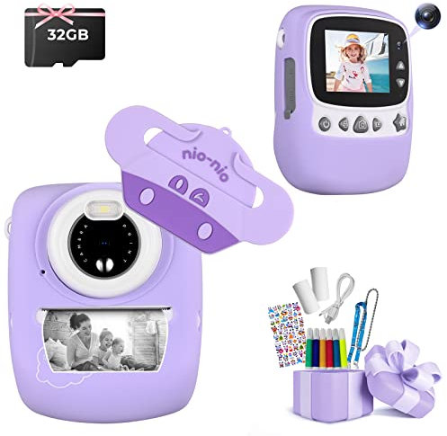 Kinderkamera, 30MP 1080P Sofortbildkamera Mit 2,4 Zoll Bildschirm, Digitalkamera Mit 32GB TF-Karte, 6 Farben Pinselstift, Dual Kamera, Geschenk für Kinder, Lila
