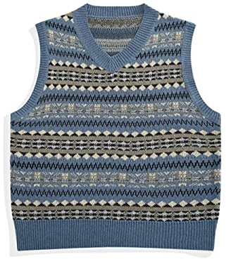 Intenst Men's Retro Striped Knitted Gilets Sleeveless V-Neck Tank - Geometric Pattern, Casual Knitwear Waistcoat Male, Autumn Winter Everyday Wear,L