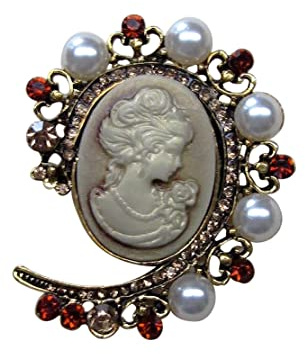 Brosche Schmuck Kamee Beige Damen Stahl Bronze und Perlen Vintage Stil, Edelstahl