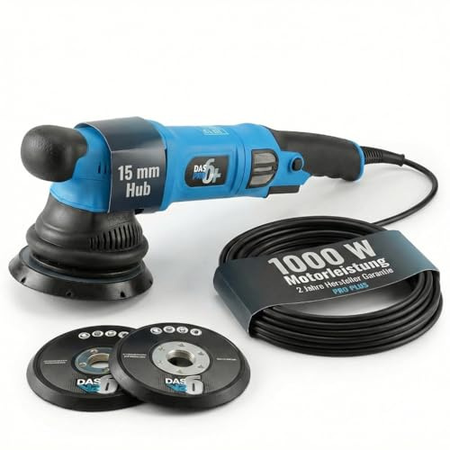 DAS-6 PRO Plus Poliermaschine Auto 1000 W – Exzenterpolierer Dual Action, 15 mm Hub, 6 Geschwindigkeiten, für 14 cm/16,5 cm Pads, Set mit Zubehör