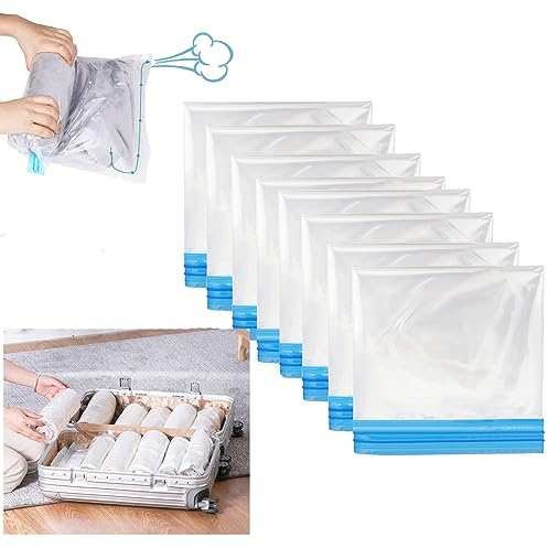 Roll Up Storage Bags for Travel, 8 Pack 2sizes 4(60 x 40 cm)+4(50 x 35 cm) Space Saver Pack Storage bag Travel Compression Bags for Suitcases, No Vacuum Needed