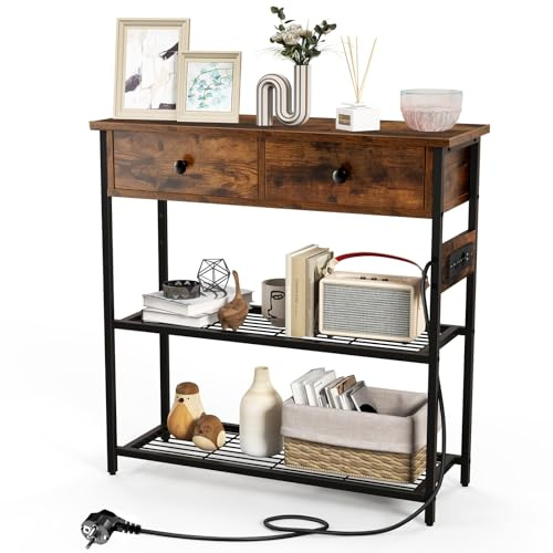 COSTWAY Table Console 2 Tiroir, Console Entrée 2 Prises, 1 USB, 1 Type-C, 3 Étagères en Treillis Métallique, Console Meuble Industrielle Métal pour Salon, Couloir, Chambre (Marron Rustique)