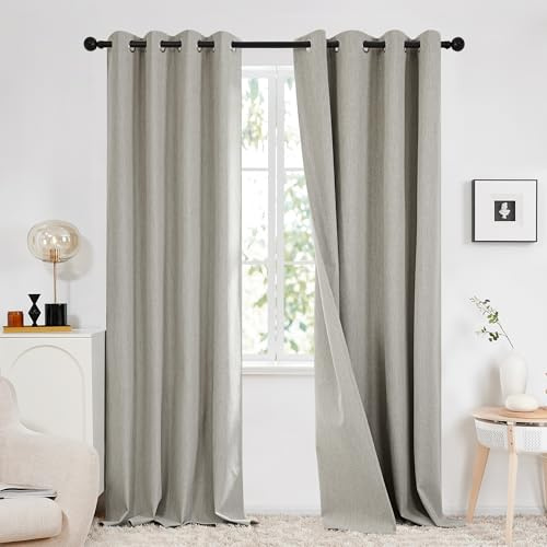 Deconovo 100% Verdunkelungsvorhäng Blickdichte Gardinen mit Ösen Vorhang Verdunkelung Vorhänge für Wohnzimmer Thermovorhang Kälteschutzvorhang, 229x168 cm(HöhexBreite), Leinen, 2er Set