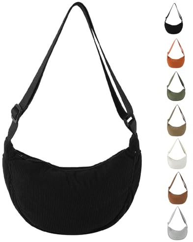 GoPaw Damen Cord Crossbody Bag, Halbmond Tasche Cord Umhängetasche, Damen Halbmond Tasche Schultertasche Mit Schultergurt Einstellbar Lässige Umhängetasche aus Kord für jeden Anlass (Schwarz)