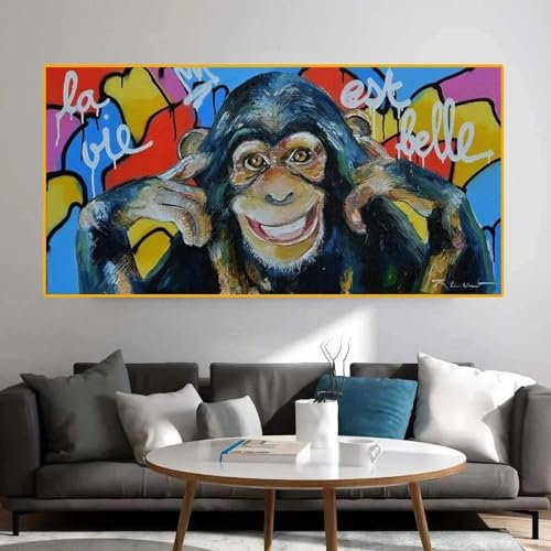 CHAOJIART Graffiti-Wandkunst, Leinwanddruck, lustiger Affe, abstraktes Tier, Pop-Art, Leinwandgemälde, Wanddekoration, Bilder für Kinderzimmer, 75 x 150 cm, rahmenlos