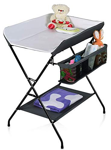 OHMG Baby Wickelkombi Klappbare Wickelkommode,Wickeltisch mit Rollen,Mobiler Wickeltisch mit Wickelauflage,Sicherheitsgurt und Ablagefächern,Wasserdicht und Höhenverstellbar,Stabil