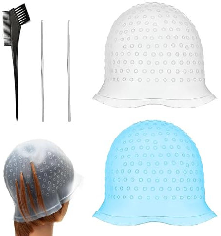HANIUTTY 2 Stück Silikon Highlight Kappe, Strähnchenhaube Haare Färben Hervorhebung Strähnenhaube Strähnchenhaube Haare Färben Hervorhebung mit Pinseln und Nadel für Frauen und Mädchen Bläst
