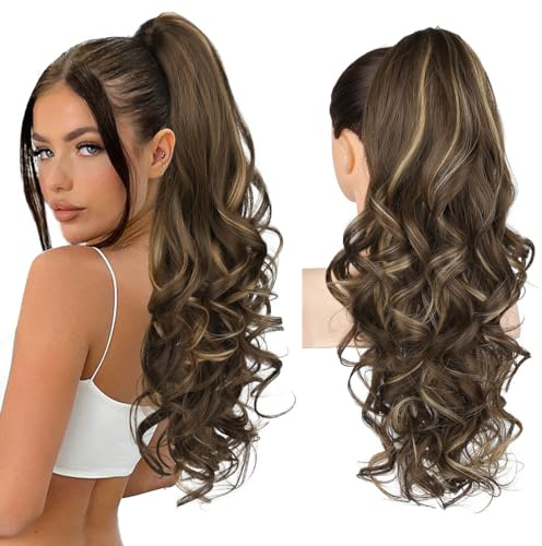 Ponytail Extension, 61cm Lange Zopf Pferdeschwanz Haarverlängerung Natürliches Clip in Pferdeschwanz Haarteil Kunsthaar für Damen, Schokoladenbraun mit Highlights