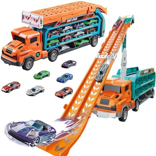 Transporter Truck Spielzeugautos, 2 in 1 Rennbahn Autotransporter Spielzeug ab 3 4 5 6 7 8 Jahre Junge, 2,8 Fuß Faltbare Rennstrecke LKW mit 6 Rennautos, Kinderspielzeug Geschenke, Orange-Farbe