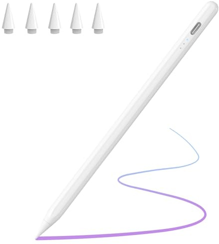 Stylus Stift für iPad 2018-2025, 15min Schnellladung, Eingabestifte mit Neigungserkennung & Palm-Ablehnung & Hohe Präzision, für iPad 11/10/9/8/7/6, Pro 11/12.9/13 M4, Mini 6/5, Air 5/4/3/M2