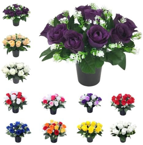 Mr. Barry’s Rose Artificial Flowers in Grave Flower Pots – UV-Resistant, Realistic & Long-Lasting Memorial Display for Cemetery, Grave Decorations, Funerals, Home & Garden Arrangements (Purple)