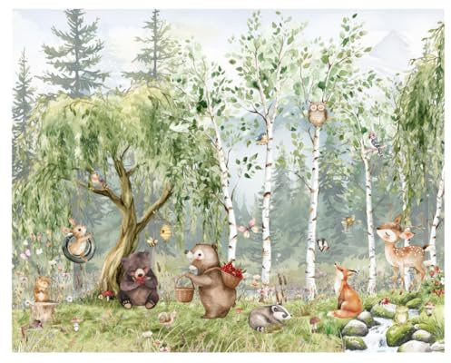 Fototapete Kinderzimmer, Wald, Waldtiere Bäume, Fluss, Bär, Berge, Reh, Kiefer, Tapeten für Kinder Babyzimmer Vlies Tapeten wandtapete Mädchen und Jungen. Tapete nach Maß 1m2