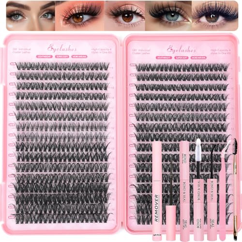 Kit de extensiones de racimos de pestañas, 640 unidades, 9-16 mm, pestañas individuales, rizo D, esponjosas, pestañas postizas, banda fina, con pinzas para quitar el sello de unión, cepillo DIY (kit
