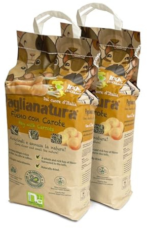 Paglianatura Kit 2 Sacchi Fieno Naturale 1300 g con Carota – Alimento per Conigli, Cavie e Roditori – Ricco di Fibre e Vitamina A