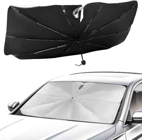 QWORK® Parasol para Parabrisas Coche, Auto Paraguas Mejorado Esqueleto de Fibra de Carbono con asa giratoria 360°, para Coches, SUV y Camiones