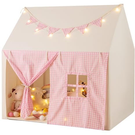 GYMAX Kids Tent, Large Play Tent with Padded Mat, Star Lights, Flags, Windows & Storage Pockets, Outdoor Indoor Children Playhouse Gift for 3-8 Years Old Boys Girls (Pink+Beige)
