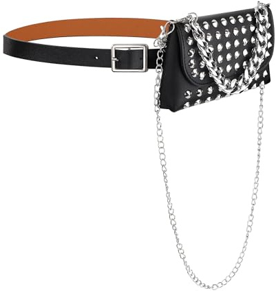 CHIC DIARY Punk Gürteltasche mit Kette Taillengürtel mit Mini Nietentasche Hüfttasche Mode Bauchtasche Gürtel für Damen