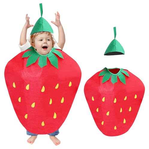 Feirdhoo Disfraz de fruta para niños, disfraz de fresa cosplay, ropa divertida con motivos de frutas, juego de disfraz unisex para niños, fresa con sombrero para Halloween, carnaval, fiesta temática