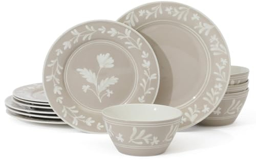 Martha Stewart Maiden Crown 12-Piece Taupe Dinnerware Set – New Bone China Ceramic Plates & Bowls – Floral Design – Service for 4 – Dishwasher & Microwave Safe
