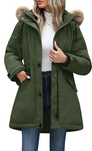 CMTOP Winter Jackets for Women Mid-length Hooded Parka Warm Thicken Ladies Overcoats Casual Elegant Zip Up Coats Waterproof Windproof Outerwear with Pockets(Green, XL)