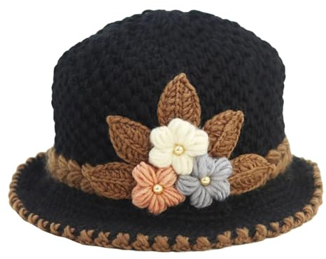 BEAHING Chapeau tricoté à Fleurs Chaudes, Chapeaux tricotés avec Bord épais, Coupe-Vent, en Laine au Crochet pour Femmes, élégants et Doux pour Dames, Hiver