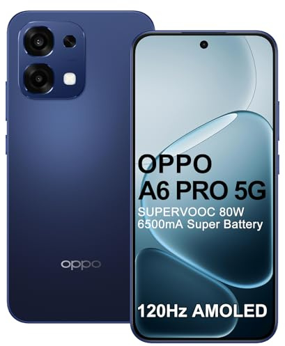 OPPO A6 Pro 5G 8+256Go, Téléphone Portable, Batterie 6500mAh IA Smartphone Android Débloqué, SUPERVOOC 80W, Écran 120Hz 6,57 AMOLED, Dimensity 6300, Caméra AI 50MP, IP69, NFC, Dual SIM, Bleu