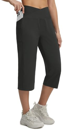 baleaf Damen Yogahose Caprihose mit Taschen Sommer Hohe Taille Weite Bein Straighthose Lounge Jogginghose Schwarz XXL