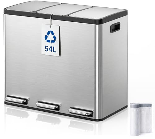 YEAUPE PRO Mülleimer Küche 54L (3x18L) Edelstahl 3 Fach Treteimer | Mülltrennung Recycling Abfalleimer, Soft Close Deckel, Herausnehmbare Inneneimer, Küchenabfalleimer inkl. 15 Müllbeutel