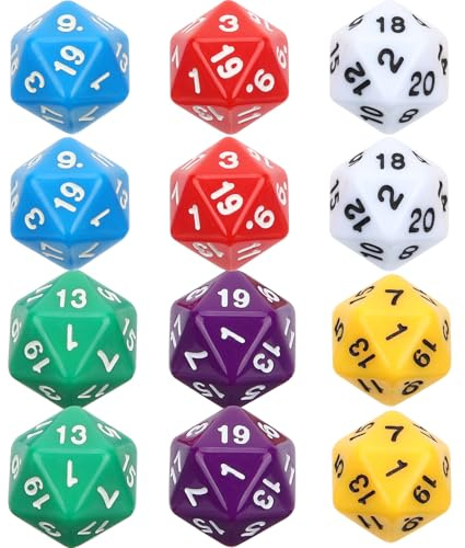 FUNOMOCYA Set da 12 Dadi a 20 Facce in Acrilico Multicolore, Numeri Chiari e Superficie Liscia, per Giochi di Ruolo, Giochi da Tavolo e Attività Educative Matematiche