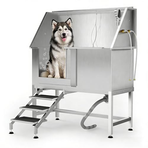 GarveeTech 50 inch Stainless Steel Professional Dog Washing Station - Pet Bathing Tub w/Non-Slip Stairs | Slip-Resistant Floor Grate | for Large/Medium/Small Dogs