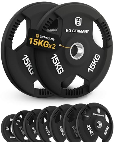 HQ Germany® Hantelscheiben 50mm [Tri-Grip Design] - Gewichte 1,25-25kg | 100% Gusseisenkern, PVC-Gummierung, drei ergonomische Griffe, ±3% kalibriert, Edelstahl-Hülse, auf 5.000 Drops getestet