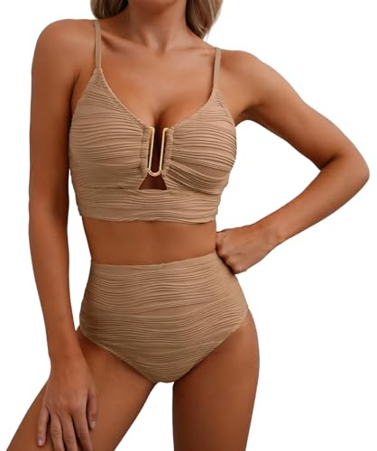 LXEASYGO Women's High Waisted Bikini Set 2 Piece Swimsuit Tummy Control Swimwear Full Coverage Bottom Adjustable Bikini Set for Women