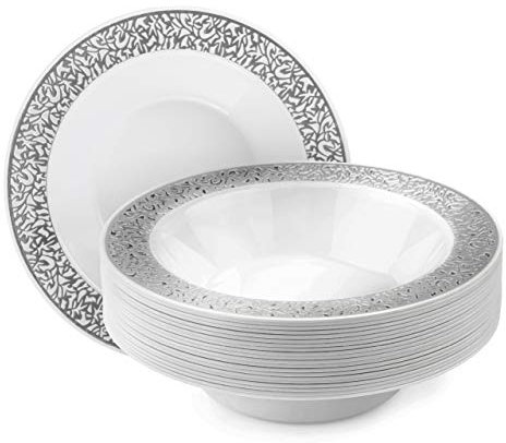 MATANA 20 Cuenco de Plástico Blanco con Borde Plateado, 360ml - Elegante, Resistente y Reutilizable - Bodas, Cumpleaños, Bautizos, Navidad, Barbacoas, Fiestas