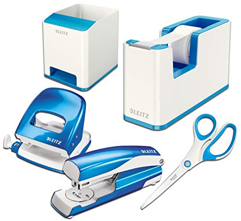 Leitz Wow Schreibtisch Accessoires 5 - teiliges Tischset inkl. Heftgerät, Locher, Tischabroller, Schere und Stifteköcher (blau-metallic, Tischset)